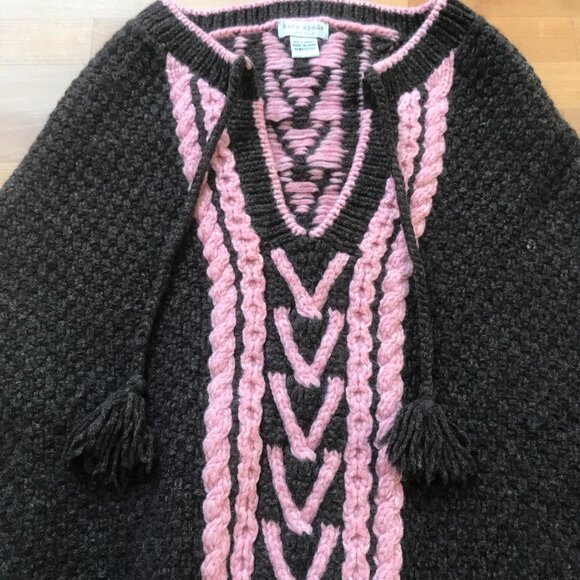 Kate Spade 100% Wool Poncho Cable Knit Brown & Pink with Tassels - Picture 4 of 11